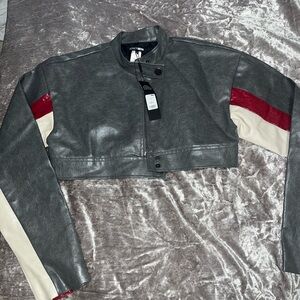 Fashion Nova Gray and Red Moto Jacket